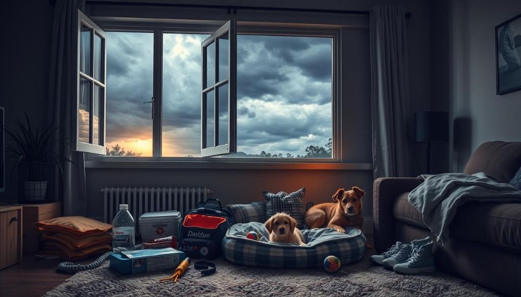 Hund mit Notfallausrüstung im Zimmer mit dunklem Himmel
